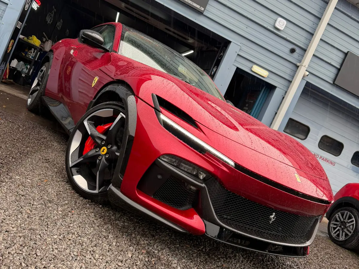 Ferrari outside the Team Mercedes Cardiff workshop